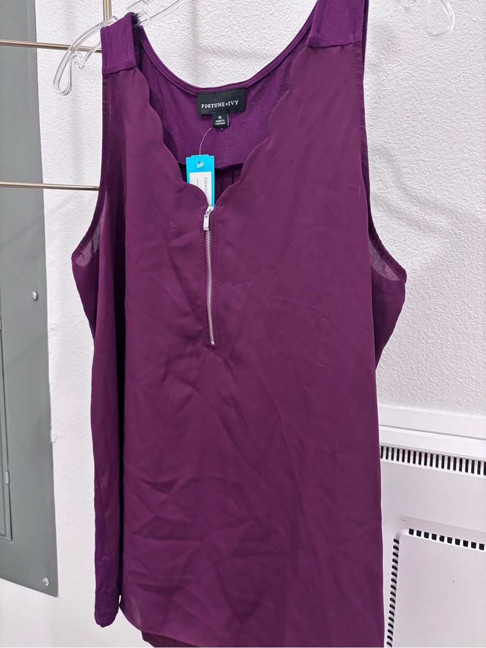 Purple Sleeveless Zip V-Neck Blouse Fortune & Ivy